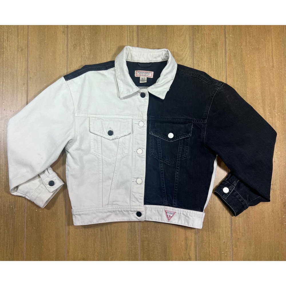 Guess Two Tone Split Denim Trucker Jacket Black White W71N20R2170 Mens XS